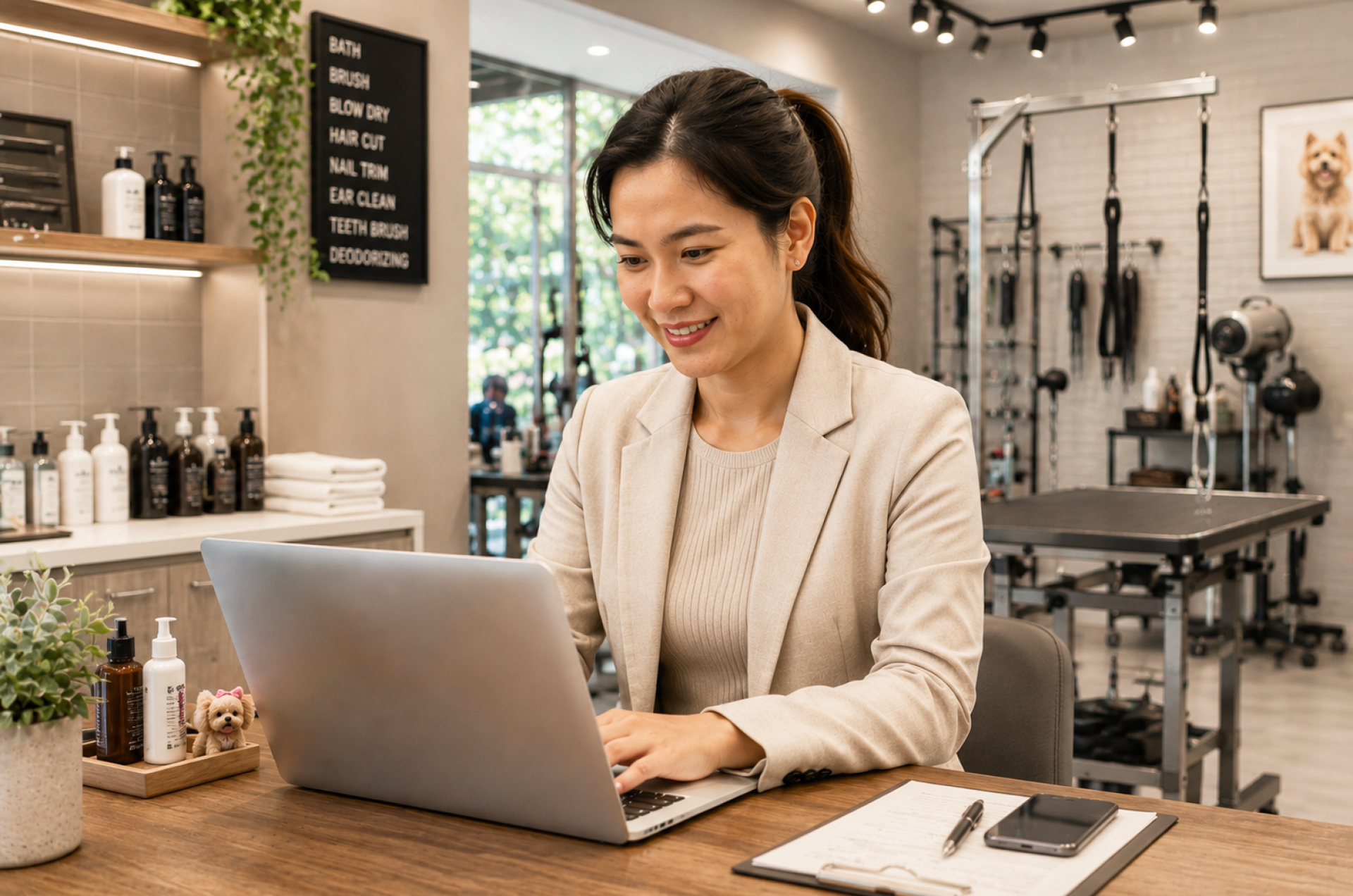 pet business owner sitting in grooming salon reviewing sales report